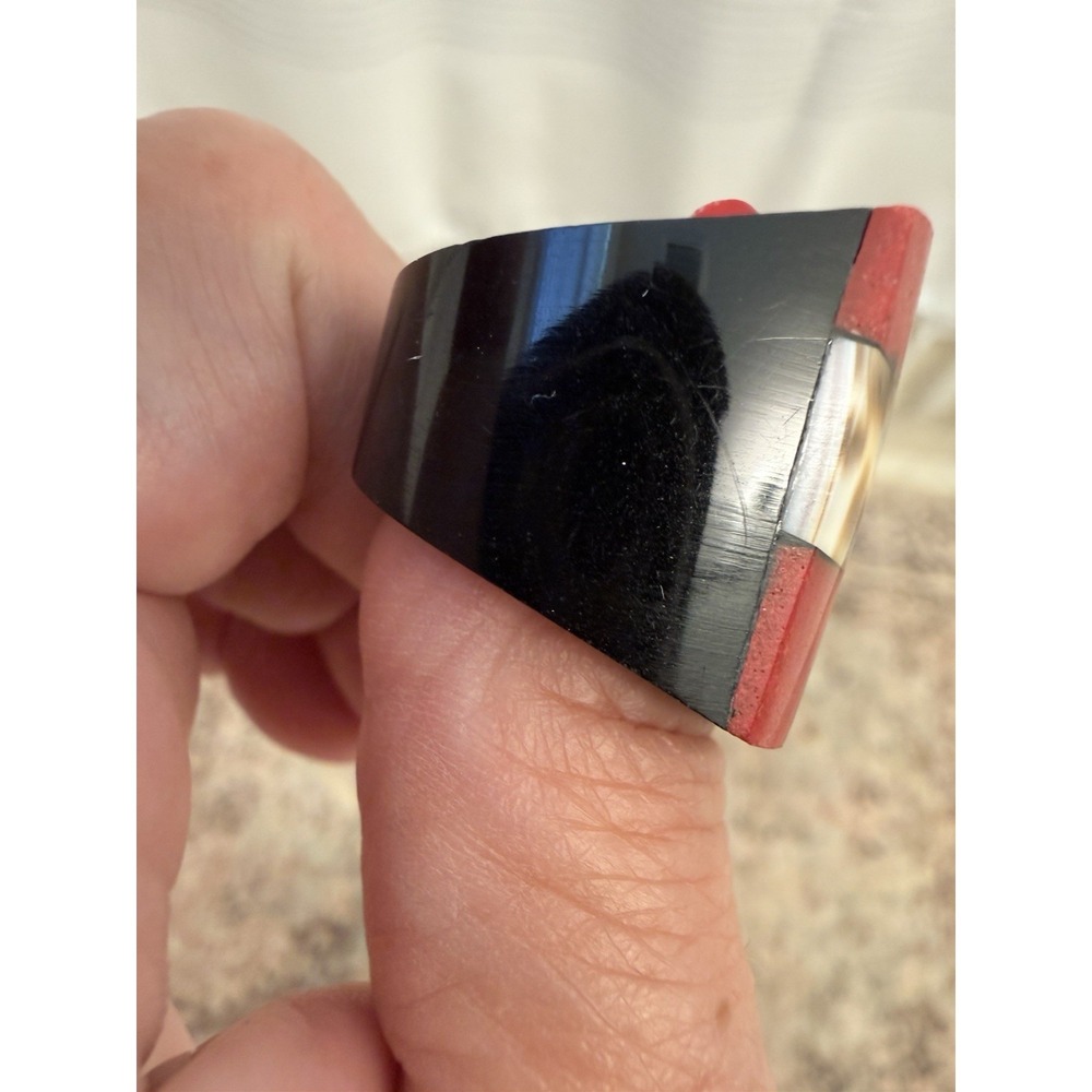 Horn Artisan Mosaic Statement L 8.5 Ring Red White Blk Inlay Geometric Cocktail - Picture 4 of 12